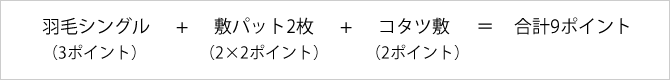 羽毛シングル（3ポイント）+敷パット2枚（2×2ポイント）+コタツ敷（2ポイント）＝合計9ポイント
